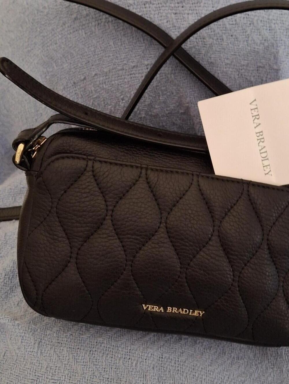 New Vintage Vera Bradley Quilted Leather Crossbody Bag – Black – 9” x 5.5”